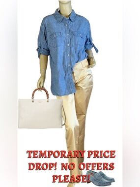 VINTAGE 1990'S GLORIA VANDERBILT BLUE DENIM COTTON W/GRID PATTERN TOP (XL)